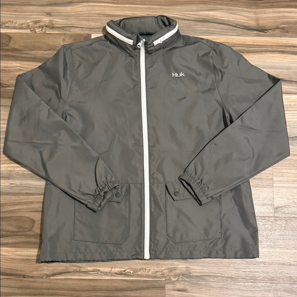 Huk Jacket Men’s XL Grey Performance Fishing Packable Rain Windbreaker Hooded